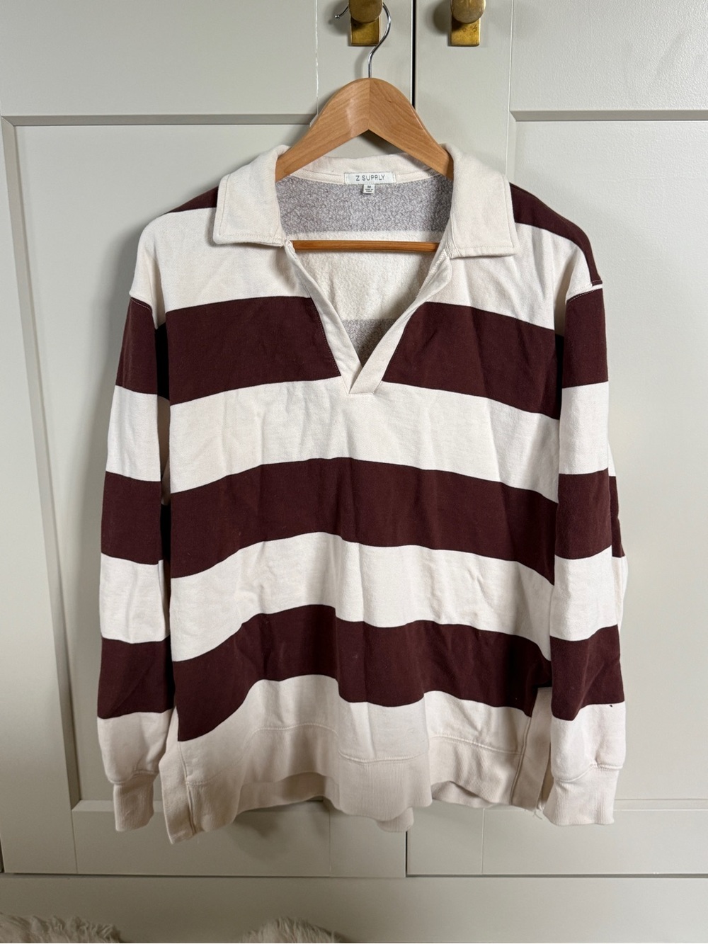 Z Supply Striped oversized Rugby Polo in Cream and Brown stripe